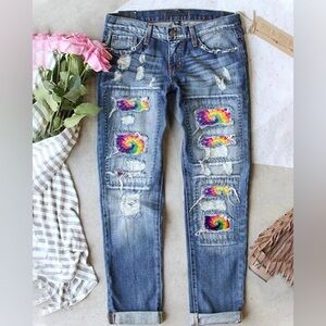 Tie dye Rainbow Bandana Patched Jeans size L